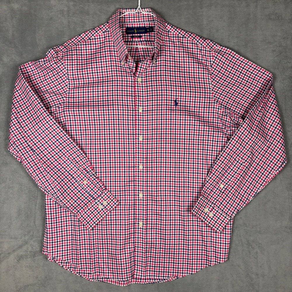 Ralph Lauren Mens XL Red Navy Gingham Non-Iron Cotton Button Down Shirt L/S